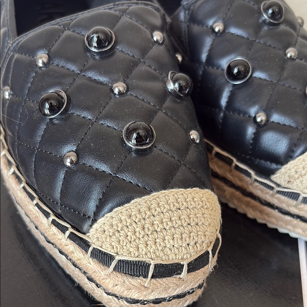 ⚜️Karl Lagerfeld Black Quilted Studded Espadrille Platform Flats - Picture 7 of 7